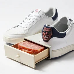 sneakers with a sliding drawer built into the side of the sole containing warm lunch meats, product photo, hulk hogan, photorealistic