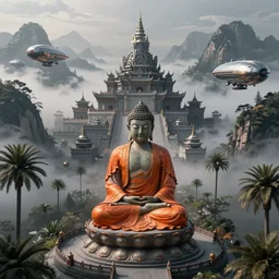 sci fi cinematic establishing shot of a single sitting buddha statue with an intricated orange robe, high detail digital painting a grey buddhist temple on a misty mountain in the style of tim white, high detailed valley with palm trees, high camera angle, mystic atmosphere, a detailed metallic temple on a misty mountain, shiny metallic airships with reflections, volumetric fog, perspective painting, atmospheric shot, octane ren