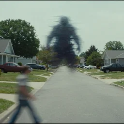 film still from Cloverfield of a liminal middle class American suburb, glitch in the matrix, horrifying monster, motion blur, lens blur, clean, empty, depth of field, no filter
