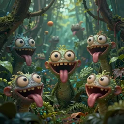 of an intricate murky jungle with strange cute friendly laughing creatures with huge eyes, long tongue, square teeth and funny face appearing from the foliage, in the style of mike winkelmann, macro lens, shallow depth of field, highly detailed, digital painting, trending artstation, concept art, illustration, cinematic lighting, vibrant colors, photorealism, epic, octane render