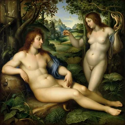 a realistic painting of adam and eve in the beautiful garden of eden, by leonardo da vinci, amazing detail, smooth, elegant, intricate