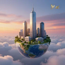 miniature skyscraper inside a globe, floating on clouds, realistic 3 d render, unreal engine, gardens, ecofuturism, solarpunk, maya, 8 k, vmax, award winning, trending on artstation, smooth, sharp focus, octane, twilight sunset background