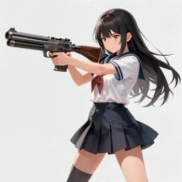 “ anime, full body, cute, gun, female, a pretty girl wearing a school uniform and fighting with a gun, highly intricate detailed, light and shadow effects, intricate, highly detailed, digital painting, art station, concept art, smooth, sharp focus, illustration, advanced digital anime art, the most beautiful thing in the real world, so detailed that the ai drew it ”
