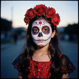 detailed and realistic portrait photography of a cute Día de los Muertos girl at dusk by Annie Leibovitz, Agfa Vista 800 film, Leica M9