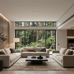 modern home interior, forest in background, living room, minimalistic, render, hd, 4k