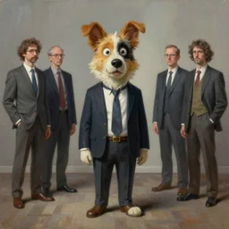 surrealism oil painting of a crazy dog professor, extremely detailed, sharp focus, wide view, full body shot, smooth, digital illustration, m, james jean, by rossdraws, frank franzzeta, mcbess, sakimichan, brosmin, danton fadeev, steve simpson
