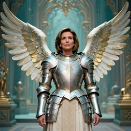 nancy pelosi, big wings, low key light, full plate armor with cloth, f 2. 8, bokeh, medium portrait, gentle, female, ornate city ruins, landscape, d & d, fantasy, intricate, elegant, highly detailed, teal white gold color palette, roger deakins, sharp focus, greg rutkowski and alphonse mucha