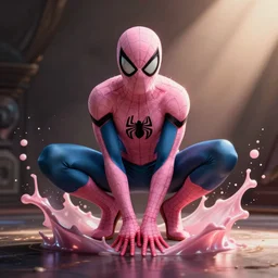 splash art of a cool beautiful pink spiderman in a stylish pose in the style of the league of legends splash art, digital art by Michelle Hoefener