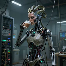 the upper torso of a terminator cyborg lady with borg implants, human face and robotic snakes coming out of her head. She is hanging from cables and wires off the ceiling of an abandoned lab and plugged into a server computer. Her bottom half is missing with cables hanging out. She is taking a sip from a cup of coffee. Tiny green led lights in her cybernetics. very detailed 8k. Horror cyberpunk style.