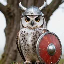 A detailed, highly realistic anthropomorphic owl with a viking helmet and round shield standing in front of a tree, an anthropomorphic owl with a fluffy face wearing armor in front of a tree, digital art, ArtStation, Commission, Award Winning