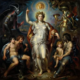 baroque oil painting of a greek god or goddess!!! different realm, cinematic, dark fantasy, acrylic palette knife, high detail, hyper realism, ray tracing, 4 k resolution, 8 k resolution, full hd, neon, realistic painting by junji ito, laurie lipton and michael whelan, michelangelo, salvador dali