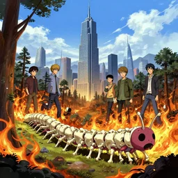 an anime landscape 2 d illustration of a skyscraper - sized centipede made out of bones, walking over a burning forest, by stanley artgerm lau, wlop, rossdraws, james jean, andrei riabovitchev, marc simonetti, and sakimichan, trending on artstation