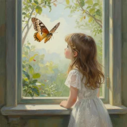 a painting of a girl looking out a window at a moth, a storybook illustration by mark ryden, featured on deviantart, pop surrealism, storybook illustration, whimsical, detailed painting