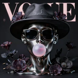 a head made out of melting metal, dark palette, it is wearing sunglasses and a hat, there are flowers all around it, bubblegum melting, vogue cover style, demonic style, smooth fractal style