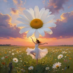 giant white daisy flower as crown, girl dancing in a flower field, surreal photography, sunrise, dramatic light, impressionist painting, colorful clouds, digital painting, artstation, simon stalenhag