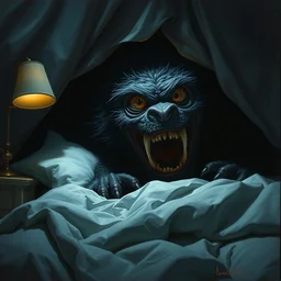under the bed a big monster hides, scary, furry, big eyes, sharp teeth, dark, dramatic lighting, pixar bedroom scene, cinematic, highly detailed, highly realistic painting by ruan jia and artgerm and range murata and wlop and ross tran and beeple