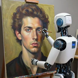 robot artist painting a self - portrait on a canvas. intricate, highly detailed, digital matte painting, in the style of alexandros pyromallis, and in the style of sachin teng, and in the style of hans thoma, and in the style of gil elvgren. irony, recursion, inspiration.