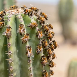 close up shot of a swarm of bees around a cactus in the desert ultra realistic