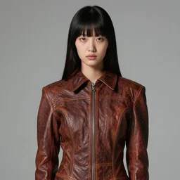 kodachrome, youthful asian demure, exquisite features, feminine cut, frontiers in flight leather suit, massive stitching, nick knight studio,