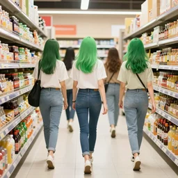 group of green haired women walking through a super market aisle, in the style of Greg Broadmore and Arthur Rackham and Moebius, trending on artstation, light lighting side view,digital art,surrealism ,macro,blueprint ,vaporwave ,