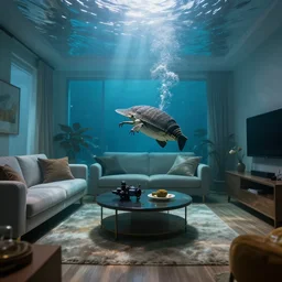 photo of an interior of a living room underwater, highly detailed, high quality, hd, 4 k, 8 k, canon 3 0 0 mm, professional photographer, 4 0 mp, lifelike, top - rated, award winning, realistic, sharp, no blur, edited, corrected, trending