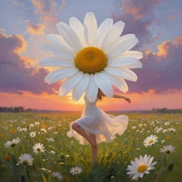 giant white daisy flower as head, posture girl dancing in a flower field, surreal photography, sunrise, dramatic light, impressionist painting, colorful clouds, digital painting, artstation, simon stalenhag