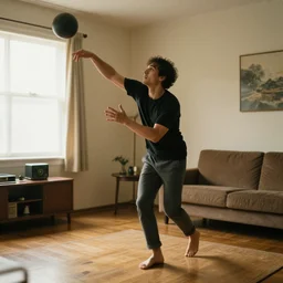 Subject (man) performing Action (throwing) with Object (ball) at Place (room).