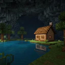atmospheric render of a small cabin next to a lake inside a dark underground cavern, minecraft rtx, 4 k