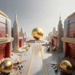photograph, realistic hyper detailed hardsurface modelled 3 d geometry, houdini destruction of aminimalist design temple, tarnished gold sphere is far far in the distance, deep perspective, wide angle, insanely detailed and intricate,, eal, gold, silver red, paradise hospital environment,