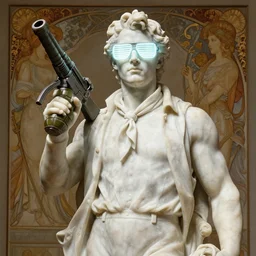 a detailed full bodied marble sculpture of jensen ackles as time traveler wearing an ascot, holding a grenade launcher, wearing glowing neon shuttered glasses!!!!, masterpiece, 8 k, art by greg rutkowski and albert bierstadt and arthur rackham and alphones mucha