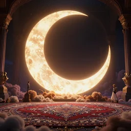 neon genesis evangelion, giant shining crescent in a magic fluffy persian carpet dimension, by greg rutkowski and gaston bussiere, dim lighting, beautiful volumetric - lighting - style atmosphere, surreal atmosphere, intricate, detailed, photorealistic imagery, artstation