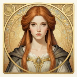 head-on symmetrical centered painted portrait, Sasha Grey as a D&D wizard, art nouveau, medieval robes, fantasy, intricate, elegant, highly detailed, smooth, sharp focus, illustration, artstation, in the style of Artgerm and Anna Podedworna and Alex Ross and Mucha