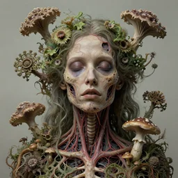 beautiful and detailed rotten woman corpse with fractal plants and fractal flowers and mushrooms growing around, face muscles, veins, arteries, intricate, ornate, surreal, ray caesar, john constable, guy denning, dan hillier