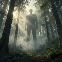 editorial illustration by karolis strautniekas and mads berg, very tiny forest exterior ( ( giant person standing tall above trees ) ), fog, fine texture, detailed, muted colors, dramatic lighting, dynamic composition, vivid, matte print, wide angle, ( ( sunbeams ) ), moody