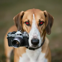 photo of a hound dog with red eyes, vintage camera