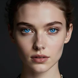 queen of the night staring in the camera with steel blue symmetric eyes studio lighting