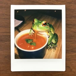 polaroid of a frog drinking tomato and basil soup