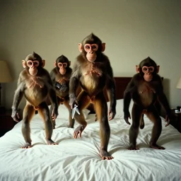 ten little monkeys jumping on the bed, 4 0 mm film noir, the monkeys are suspicious looking, one has a knife