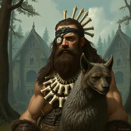 portrait of human savage barbarian chief with eye - patch and necklace made from human bones, big beast pet sitting next to him, forest temple in the background, illustration concept trending pixiv fanbox by wlop and greg rutkowski and caravaggio and rosa bonheur, and william harnett