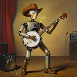 country bumpkin robot, playing a large banjo, straw in his mouth, standing on a speaker, high detail, style of salvador dali, on a stage, painting by rene magritte, trending on artstation, cyberpunk, style of michael cheval, hyper realistic, s, 8 k