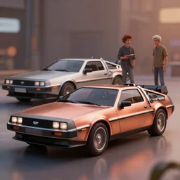 surrealism car similar to delorean, polestar precept and mustang painted in copper. len blur background bokeh. art by ismail inceoglu, filip hodas, and pixar.