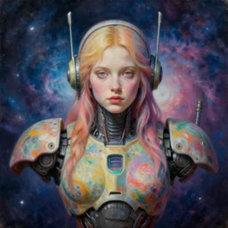 sacred young female battle robot, award winning, portrait bust, symmetry, faded lsd colors, galaxy background, tim hildebrandt, wayne barlowe, bruce pennington, donato giancola, larry elmore, masterpiece, trending on artstation, cinematic composition, beautiful lighting, hyper detailed!!!, 8 k, oil on canvas