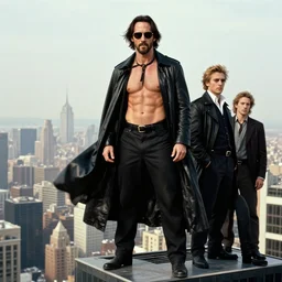 rippling physique starving keanu reeves wearing a black leather cape sunglasses whilst standing atop a skyscraper masamune shirow jen bartel jim lambie winslow homer thomas eakins uta natsume