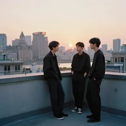 a small rooftop with a couple of modern teenagers, standing and talking to each other, wearing black modern clothes, modern shanghai bund is on the background, sunset, by gregory crewdson, by hajime sorayama