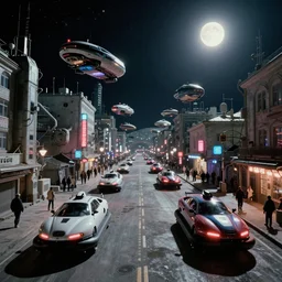 tens of plasma hovercraft vehicles on the street in a Russian cyberpunk slum city called Neo Norilsk on the Moon, at night, diverse, lively, black sky full of stars, blinding sun, sci-fi, lots of flying cars, levitation, cyberpunk outfits, photorealistic, grainy, 35mm, intricate, very very beautiful, elegant, smooth, cinematic, Unreal Engine 5, by Beeple, trending on Artstation HD
