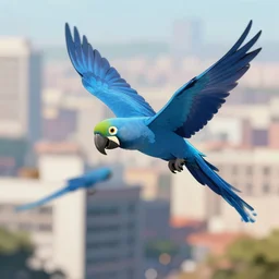 blue parrot flying above a city, anime style, blured background