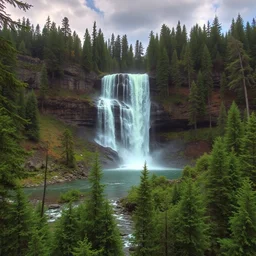 a large waterfall in the middle of a forest, a digital rendering by james e. brewton, featured on flickr, regionalism, creative commons attribution, high dynamic range, hdr