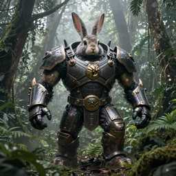 photograph by discovery channel! full shot!! armored hulked borderlands rabbit superhero rugged barbarian, fog, in deep forest jungle, overcast!!!