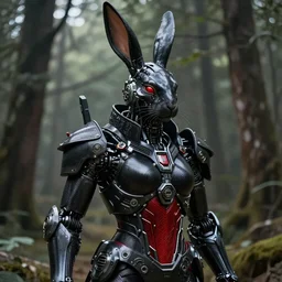 face portrait of a cyborg rabbit assassin standing in the forest, in black carbon and red fiber sci-fi armor, light coming off of the armor, tech wear, sci-fi, intricate, elegant, highly detailed, digital painting, artstation, concept art, smooth, sharp focus, illustration, trending on art station, dynamic lighting, cinematic, ultra detailed, fantasy concept art
