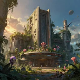 a beautiful detailed highly detailed abandoned cinema city building architecture nature industrial architecture by neil blevins, sci - fi vice city biopunk junglepunk nature bladerunner 2 0 4 9 reclaimed by nature nightsky at dawn morning sun at fall alien flowers studio ghibli san andreas gem, archdaily, wallpaper, highly detailed, trending on artstation.